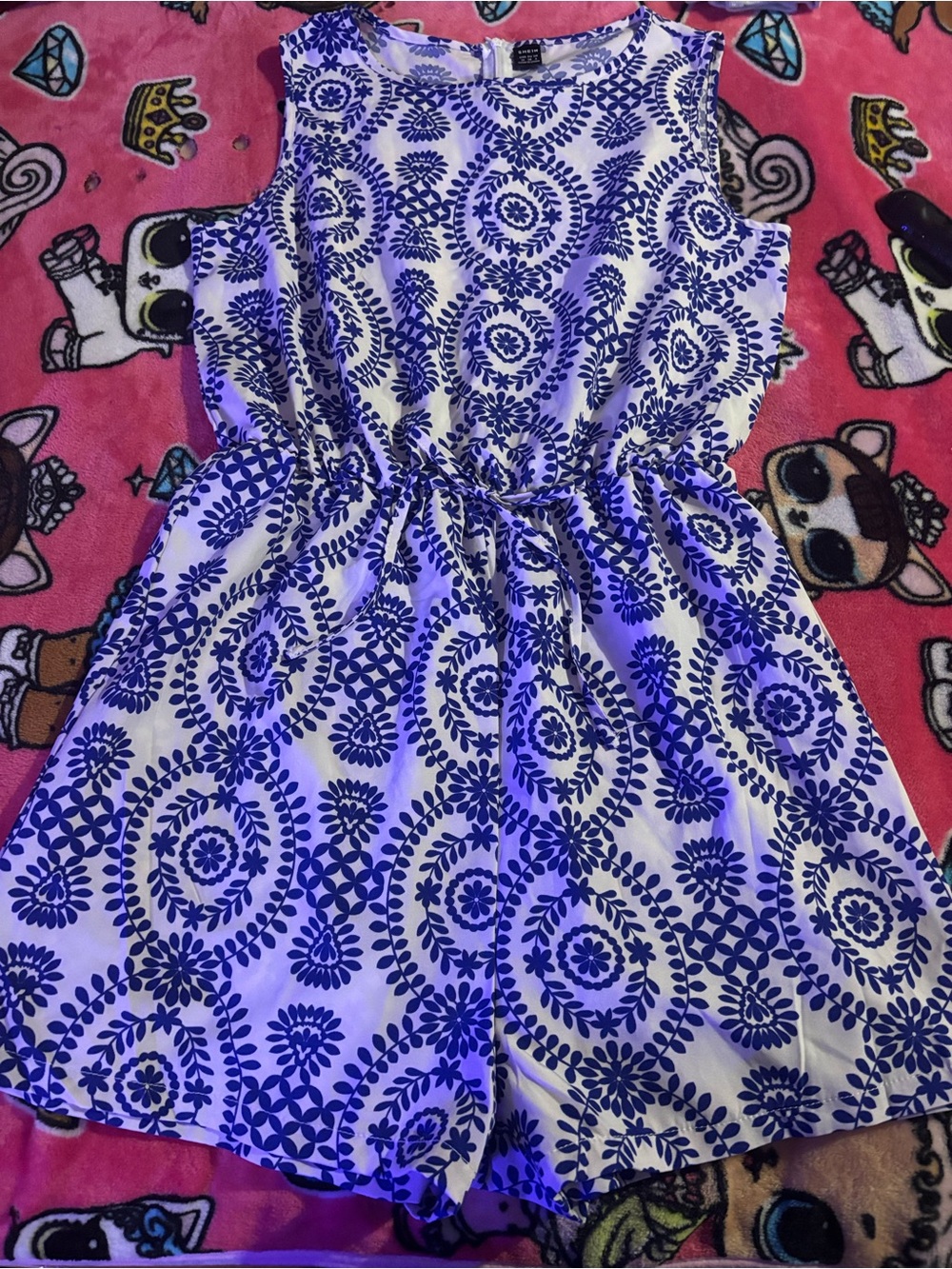 SHEIN Blue and White Floral Sleeveless Romper